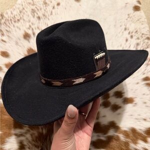 Classic Black Wool Felt Western Cowboy Hat with Brown Aztec Band